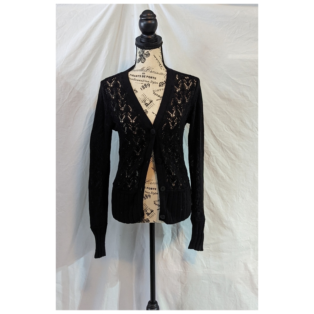 Lands End Black Lace V-neck Knitted Cardigan, Small